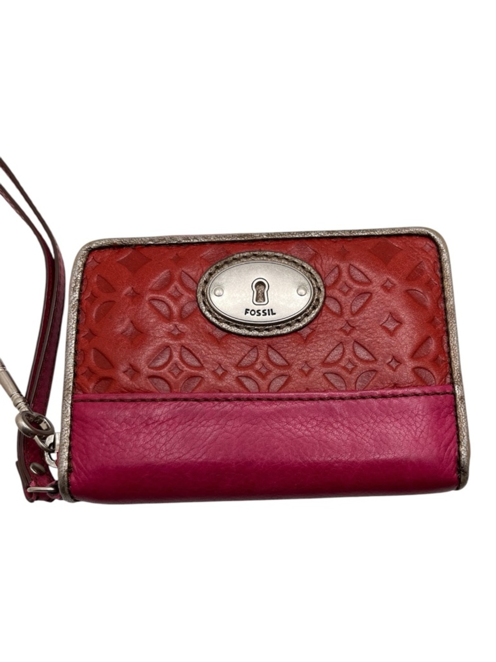 Fossil Two-Tone Red & Pink Embossed Leather Wristlet
